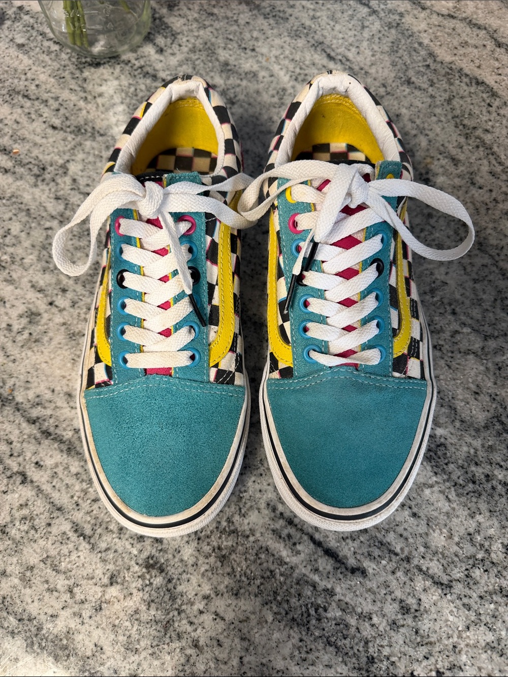 Vans Men's Checkerboard Teal Yellow Low-Top Sneakers